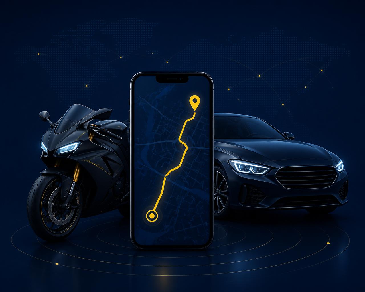 Moto e carro protegidos com rastreamento em tempo real visível no celular